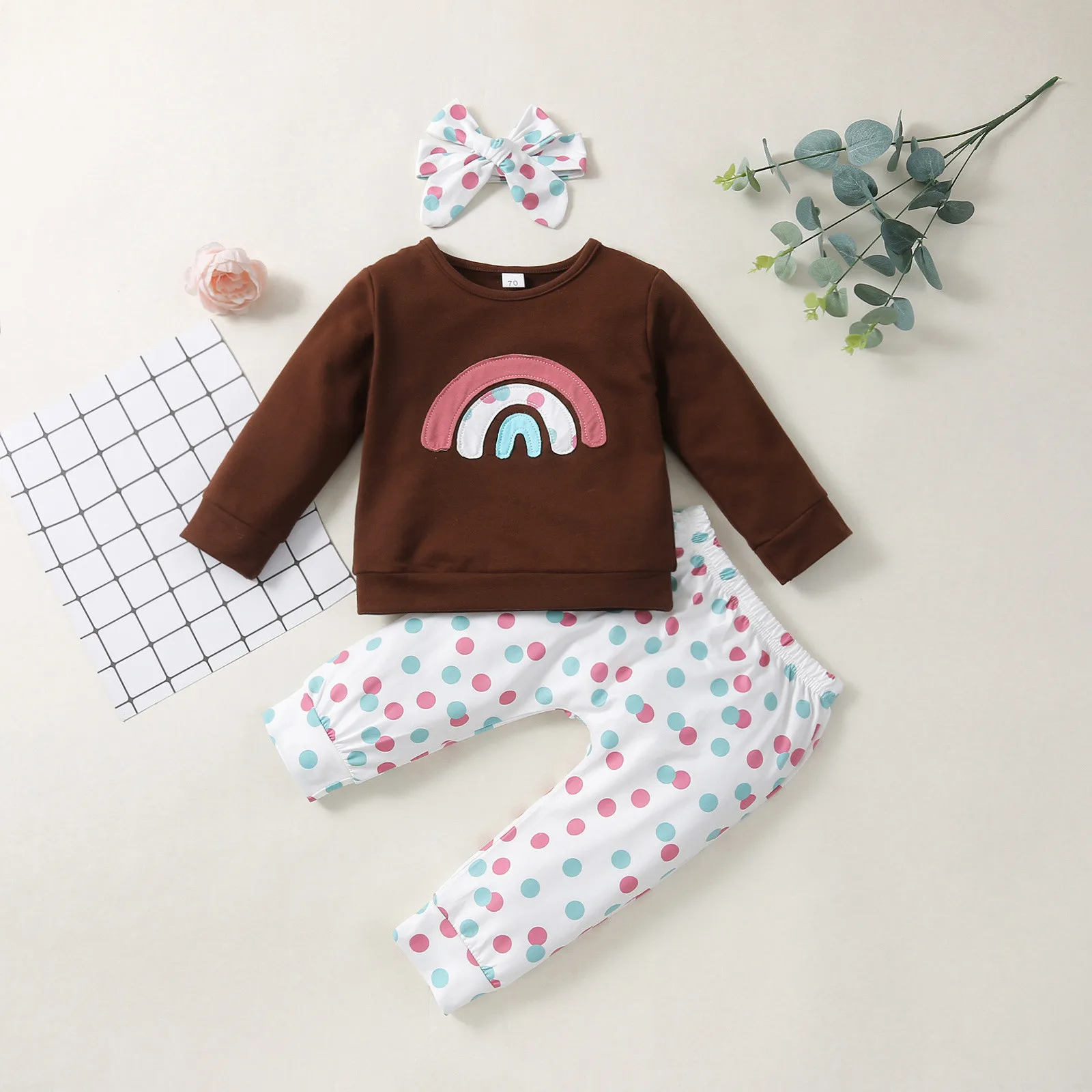 

Toddler Kids Infant Newborn Baby Girls Clothes Sets Rainbow Long Sleeve Sweatshirt+Polka Dot Pants Sets For Babies 0-3 Years