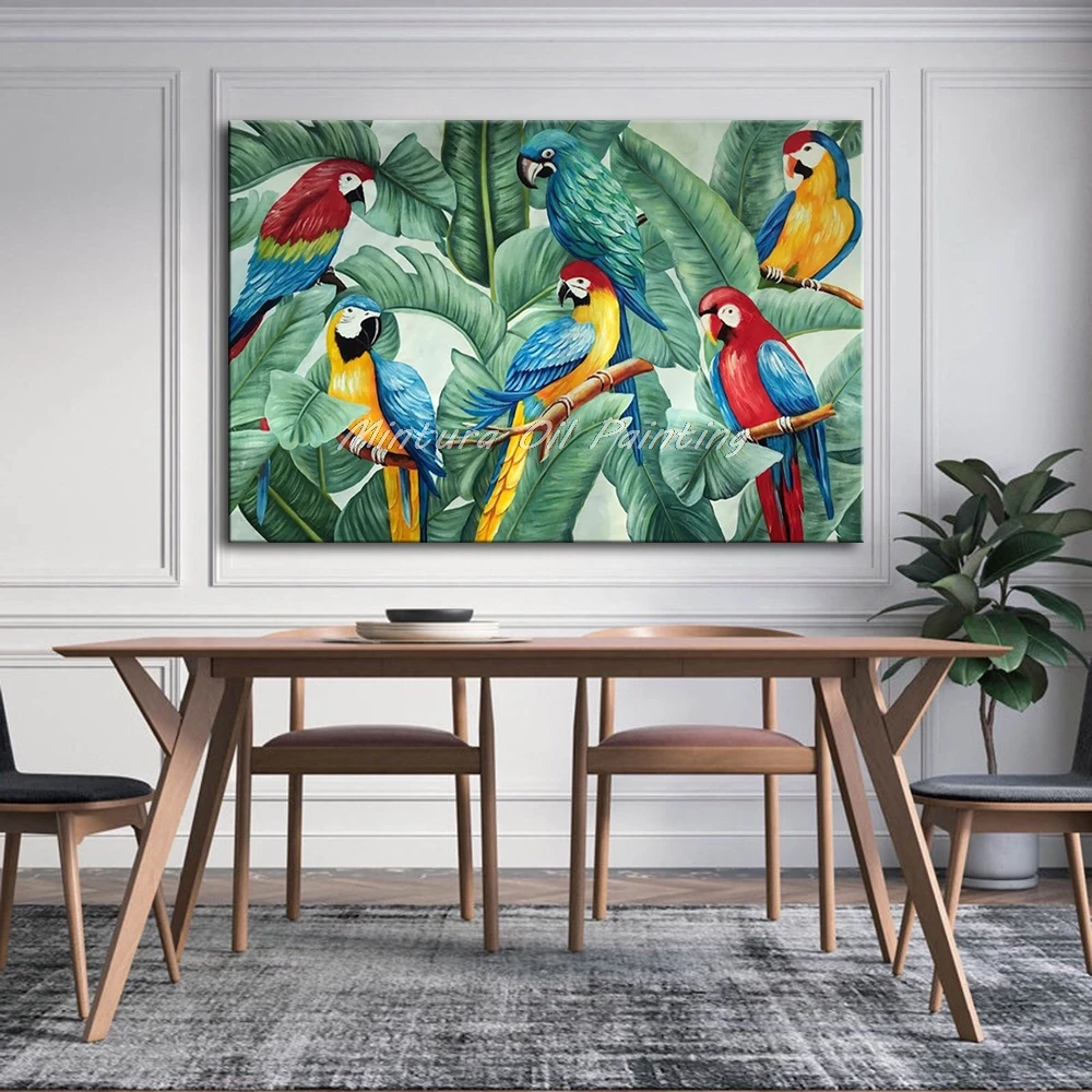 Картины маслом Мятниры на холсте ручная работа шесть красивых попугаев ветке