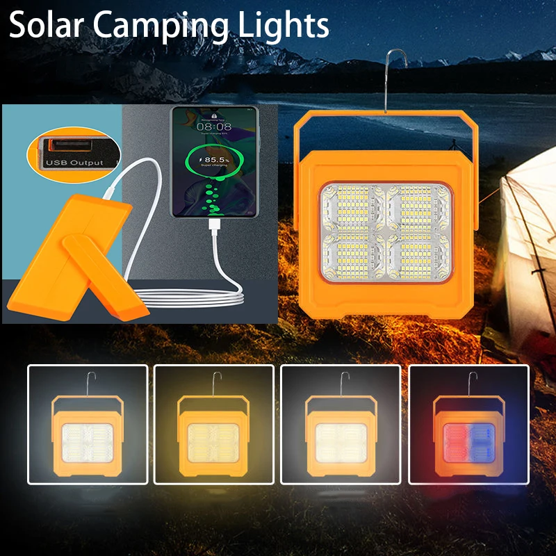 

Solar Powered Portable Led Spotlight USB Rechargeable Camping Light Floodlight Outdoor Work Light 4 Modes Searchlight Tent Lamp