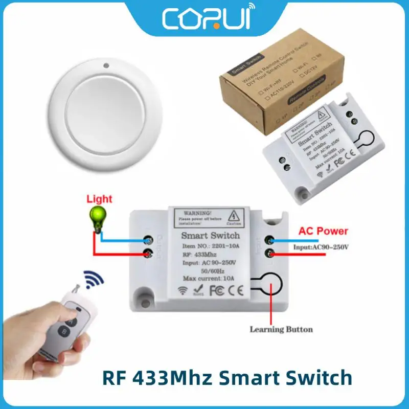 

CORUI RF 433Mhz Smart Switch Wireless Wall Panel Switch Wiring-free Panel Lighting Control Relay Receiver With Remote Control