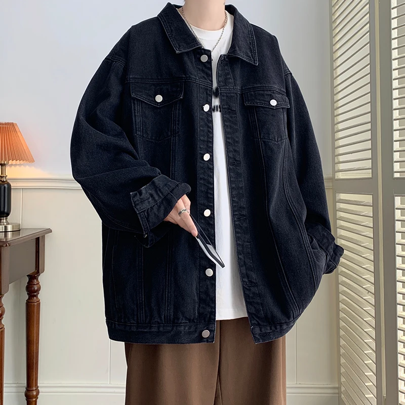 Plus Size 5Xl-M Schwarze Jeans Jacke Herren Turn Down Kragen Jeans Mäntel Multi-Taschen Overalls Streetwear Lose Lässige Herren Bekleidung