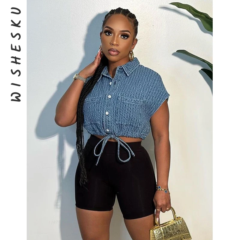 

Sexy Short Sleeve Button Up Drawstring Denim Jackets Women Lapel Blue Crop Tops 2023 Spring Fall Harajuku Fairy Grunge Clothes