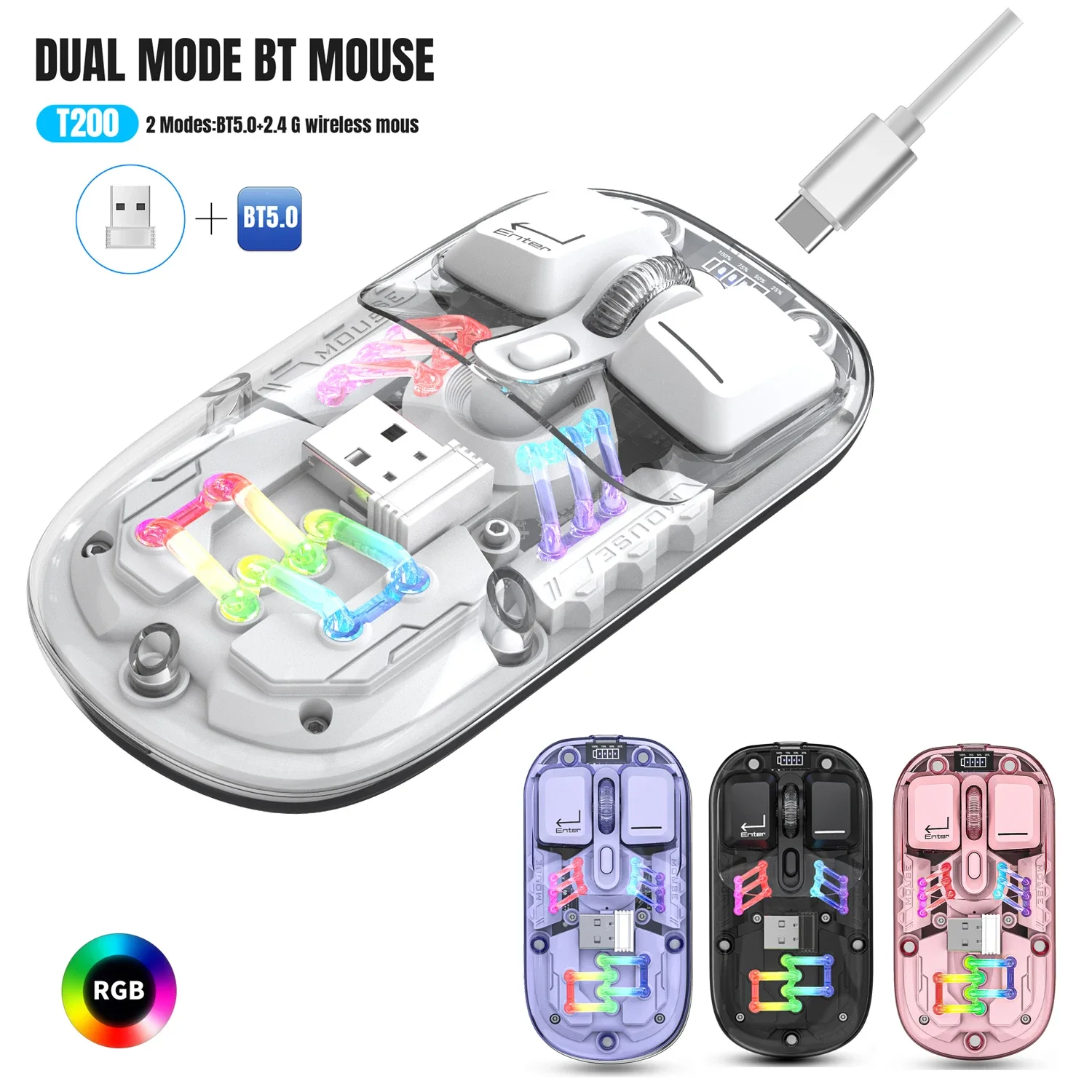 Офисная мышь с батареей RGB-подсветкой для ПК и ноутбука Eed T200 Прозрачная