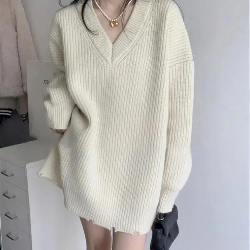 Свитер женский оверсайз с V-образным вырезом теплая одежда повседневный
