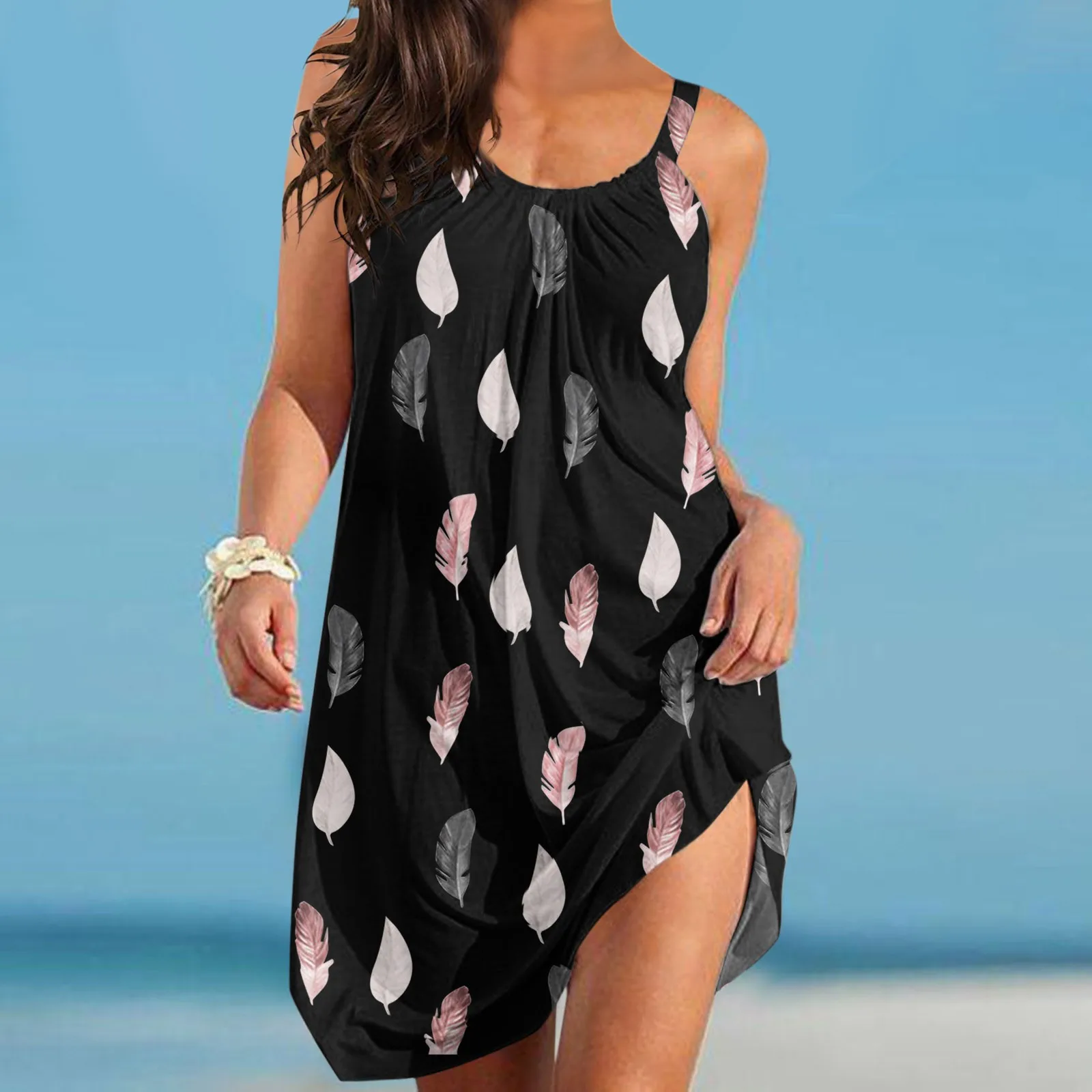 Women'S Fashion Sexy Sleeveless Sling Cute Cartoon Print Hem Loose Beach Dress Elegant Nightdress Female Streetwear Sundress