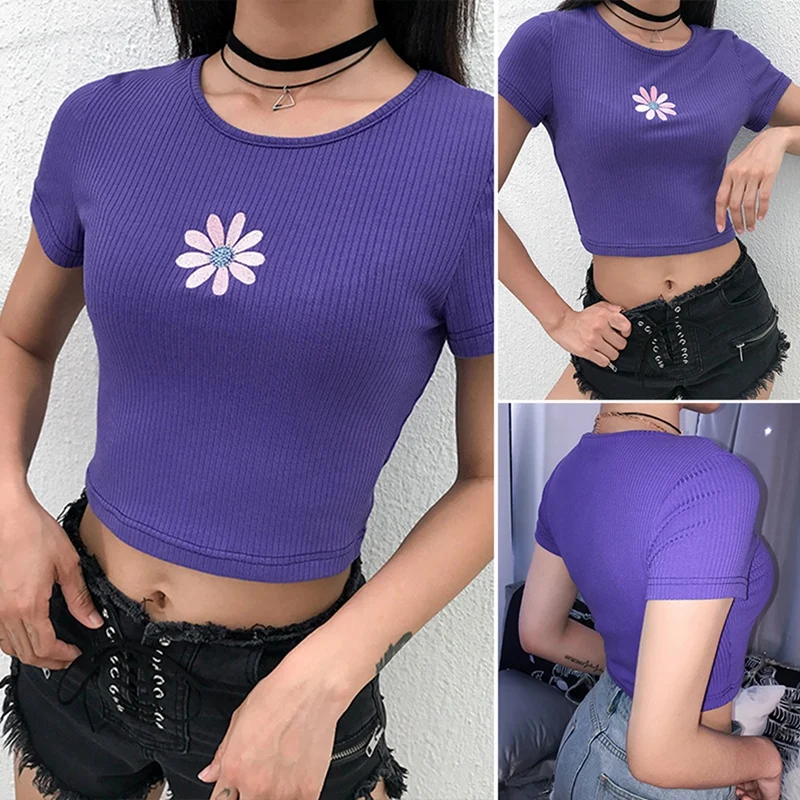 

Women Cropped Floral Embroidery T Shirt O-Neck Short Sleeve T-Shirt Summer Casual Sexy Crop Tops