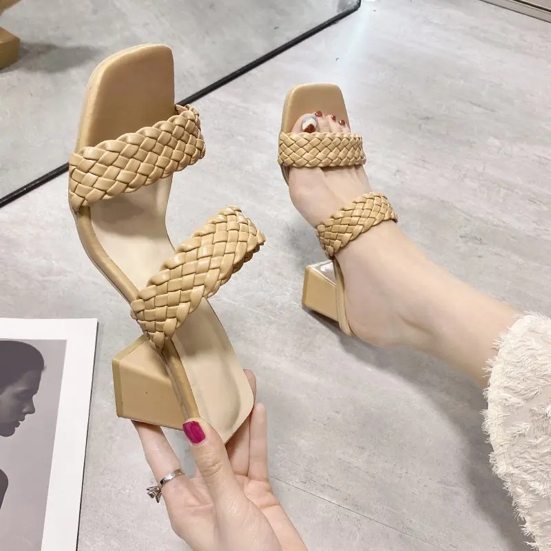 

Leather Braided High Heel Sandals Women Runway Party Shoes Woman Cross Wove Folds Mules Shoes Sexy Thin Heel Slippers