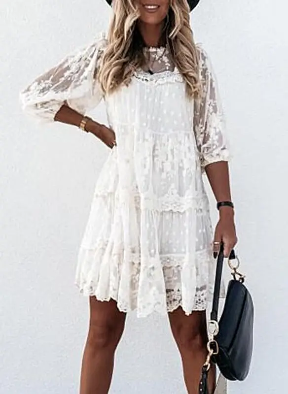 

Guipure Lace Patch with Cami Dresses Women Shirt Dress White 2023 Summer Wedding Hollow Out Loose Y2k Party Holiday Vestido