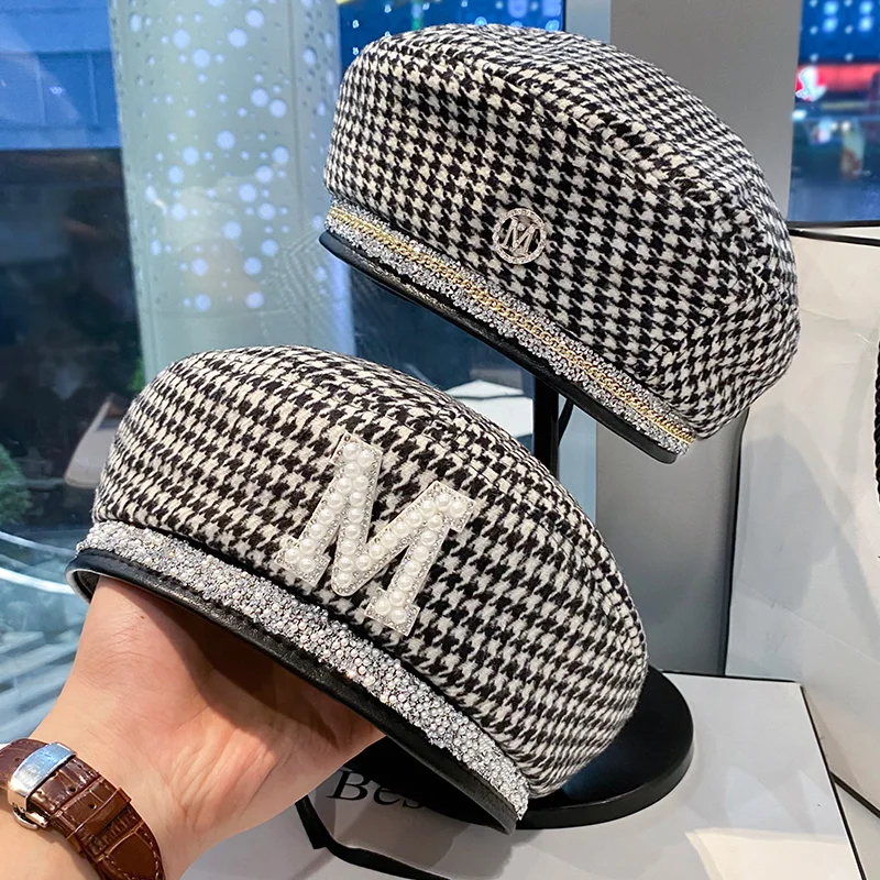 

Модный Ретро Берет Весна-Осень Женские клетчатые Стразы индивидуальные шапки художника брендовая универсальная простая восьмиугольная шл...