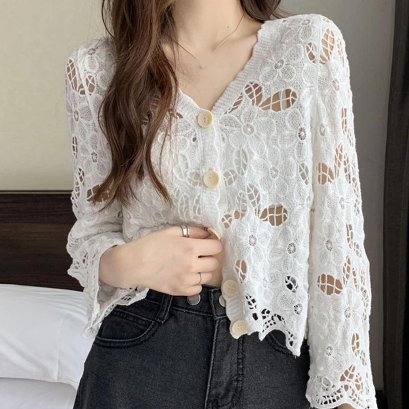 

Women Crochet V-Neck Cropped Cardigan Hollow Out Knit Floral Button Sweater Coat