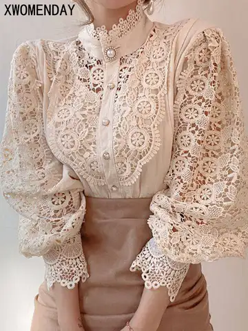 Женская шифоновая рубашка с водолазка на пуговицах, шикарная нарядная кружевная пушистая рубашка с цветочным рисунком и длинным рукавом, м...