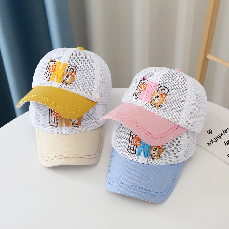 

Детская летняя Солнцезащитная шляпа для отдыха с мультяшной вышивкой медведя полностью сетчатая бейсболка для мальчиков