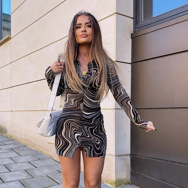 

European and American New Women's Fashion Sexy Swirl Water Ripple Printing Polo Collar Long-sleeved Hip Tight Dress Female