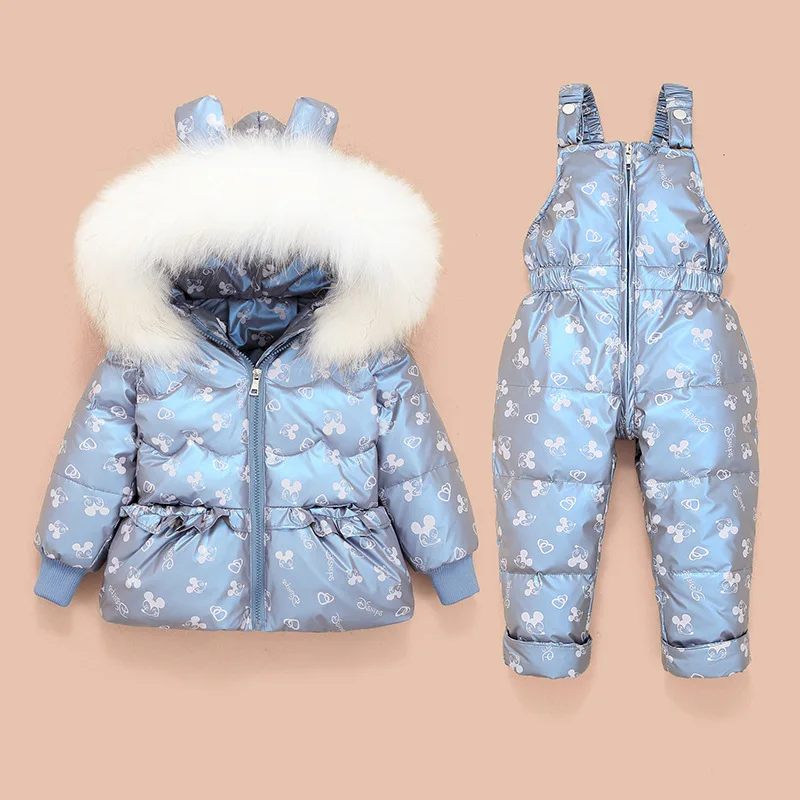 2PCS Set Baby Girl Winter Down Jacket Thicken Jumpsuit Children Pink Warm Fur Collar Hooded Coat Infant Toddler Snowsuit 0-3Year