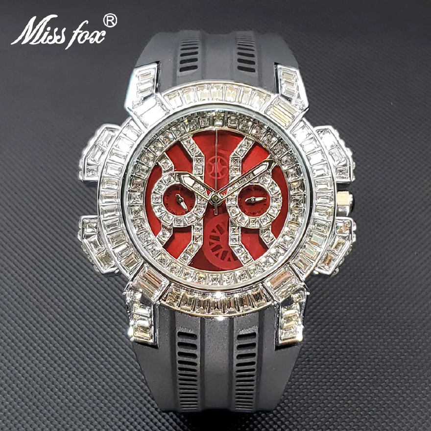 

Men's Quartz Watches With Baguette Red Face Black Silcone Strap Dual Dial Watch For Man Unique Special Cool Iced Clock Dropship