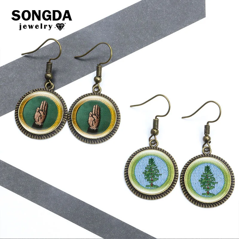 

Arrival Girl Scout Drop Earrings For Women Creative Vintage Languages Cadette Merit Glass Cabochon Dangle Earrings Jewelry Gifts