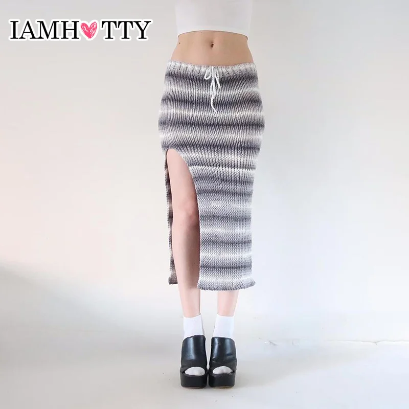

IAMHOTTY винтажная полосатая прямая Длинная юбка с разрезом Y2K вязаные Обтягивающие юбки с заниженной талией Фея гранж уличная одежда для женщин