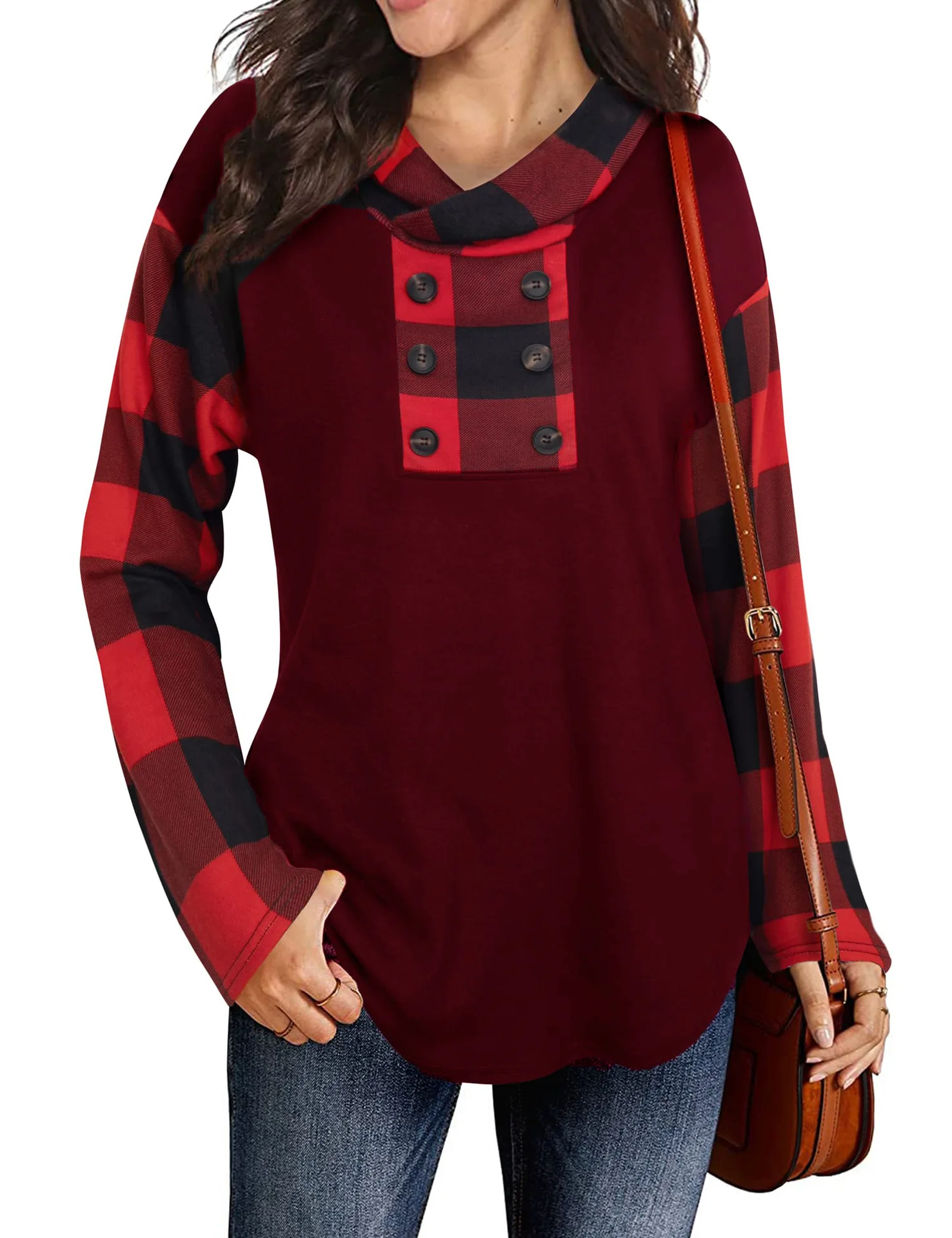2022 Autumn and Winter Women's New Long-sleeved Printed Plaid Button Hooded Sweater T-shirt Women Winter Clothes Women