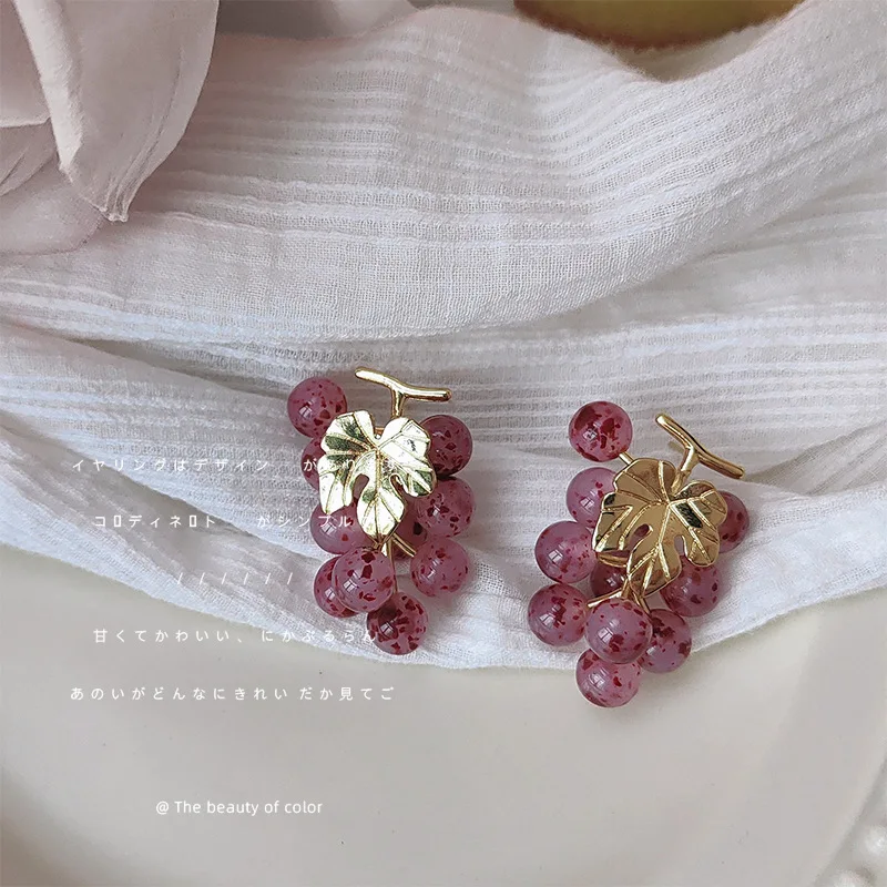 

French Grape Bunch Earrings ~ 925 Silver Needle Plated 14K Niche Design Handmade Summer Temperament Sweet Earrings Ins Jewelry