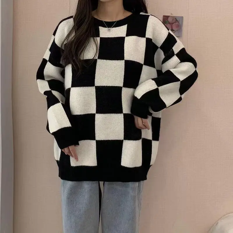 Autumn Winter Sweater Women Korean Fashion Plaid O-Neck Pullovers Streetwear Oversized Sweate Jumper Warm Long Sleeve Top