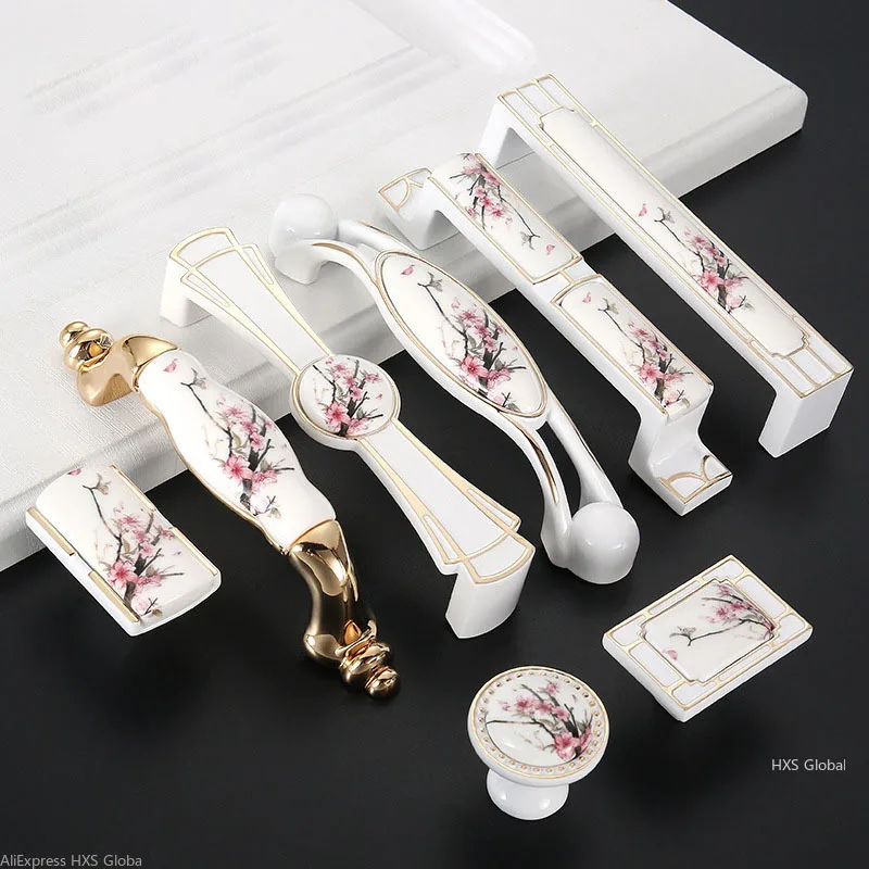 plum blossom kitchen handles antique ceramic cabinet handles zinc alloy drawer knobs wardrobe door handles european handle free global shipping