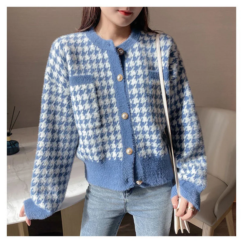

Sweater Korean Women Houndstooth Short Sweater Cardigan Coat Elegant Long Sleeve Jersey Mujer Knitwear Tops Retro O-neck Knitted