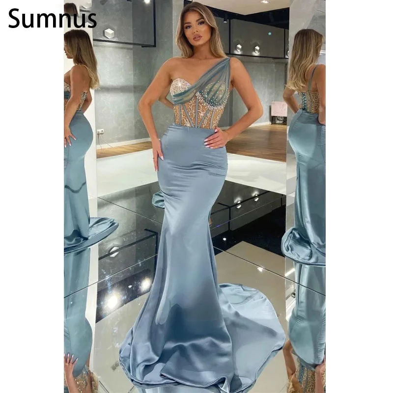 

Sumnus Sexy One Shoulder Bluish Grey Mermaid Evening Dress Corset Beaded Prom Dresses Backless Crystal Evening Party Gowns 2022