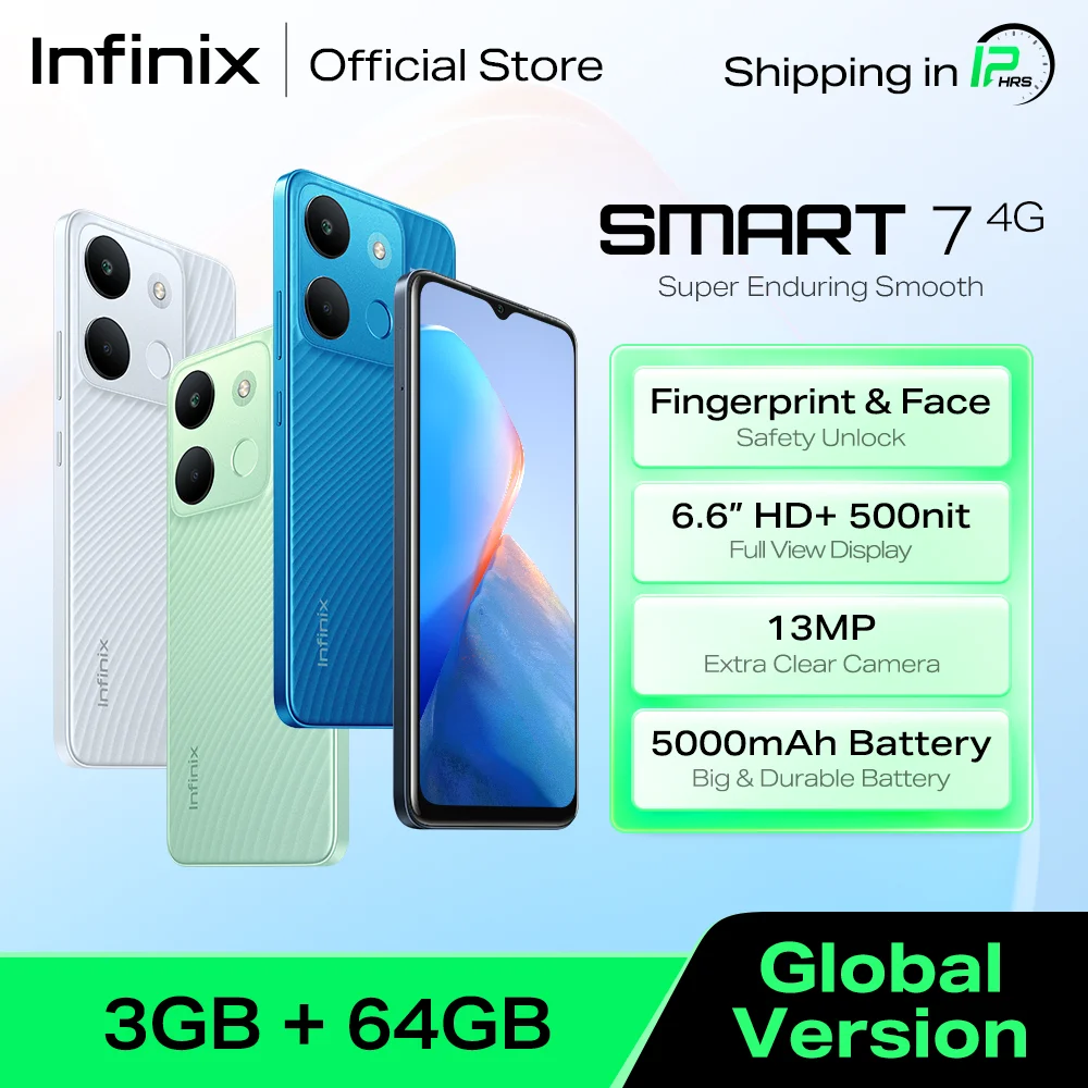 Смартфон infinix Smart 7 4G, 3/64 ГБ, 6,6 дюйма, HD +, 13 МП, двойная камера с искусственным интеллектом, аккумулятор 5000 мАч, телефон со сканером отпечатков пальцев и распознаванием лица