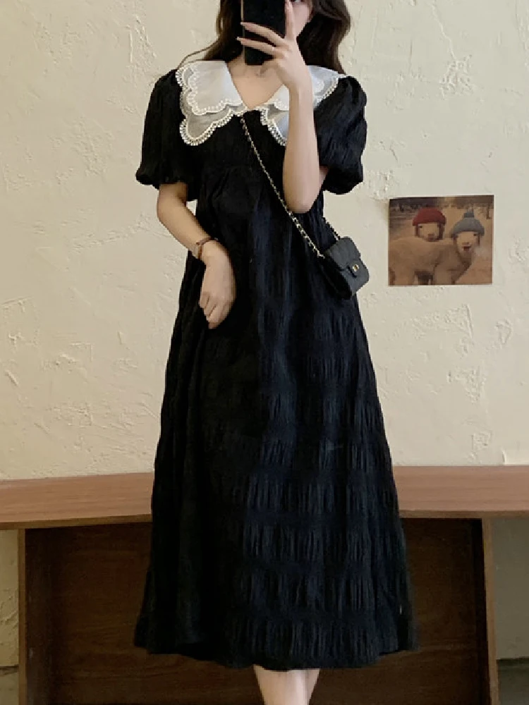 

Japanese Sweet Vintage Gothic Women Princess Dress Summer A-Line Preppy Style Peter Pan Collar Puff Sleeve Fairy Mid-Calf Dress