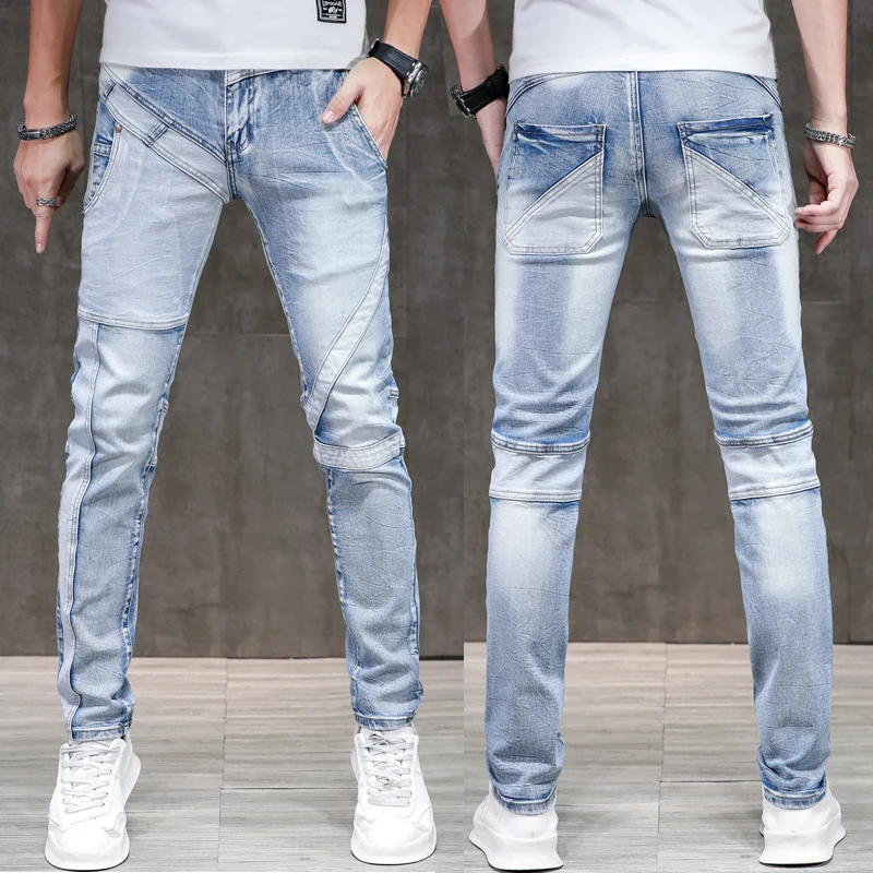 

Джинсы мужские стрейчевые, облегающие синие джинсовые брюки в стиле пэчворк, с карманами, уличная одежда в стиле хип-хоп, студенческие ковбойские