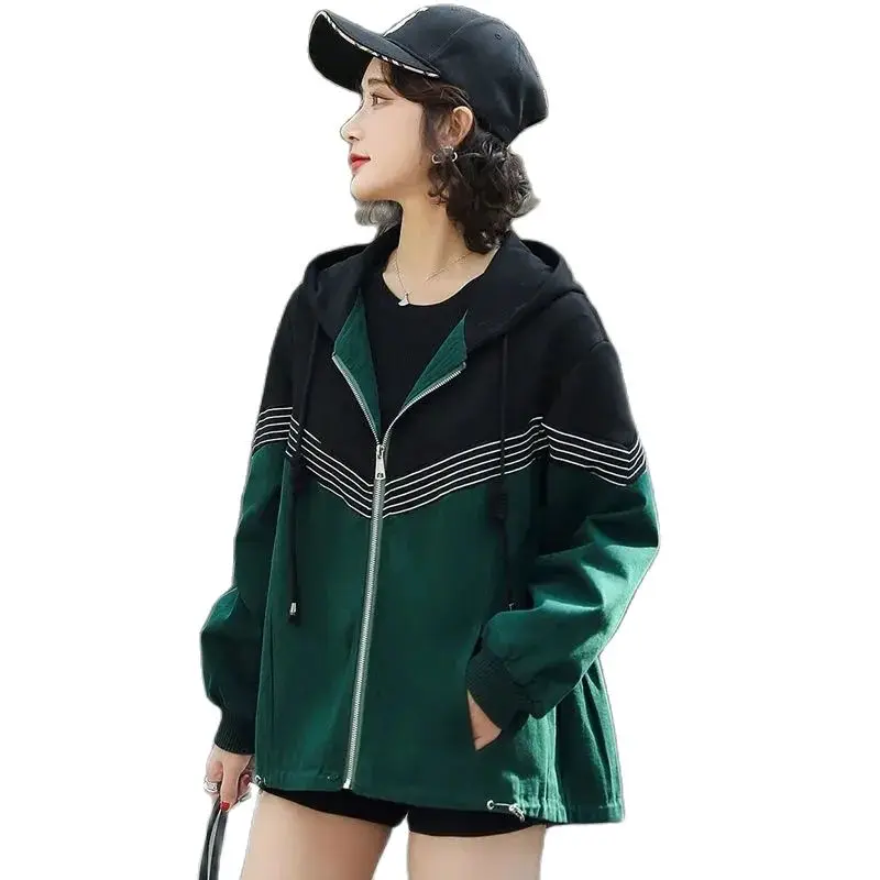 

Chic Short Hooded Jacket Women Coat Tops New 2023 Spring Autumn Fashion Stitching Loose Casual Outerwear All-Match Female 4XL