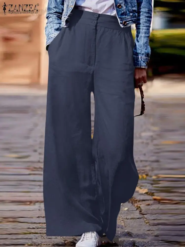 

ZANZEA 2022 Summer Wide Leg Trousers Women High Waist Solid Long Pants Elegant OL Work Pantalon Casual Loose Palazzo Oversize