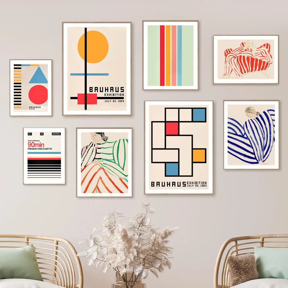 

Modern Gallery Wall Art Prints, Colorful Bauhaus Abstract Poster, Geometry Curve Girl, Canvas Pictures for Living Room Decor