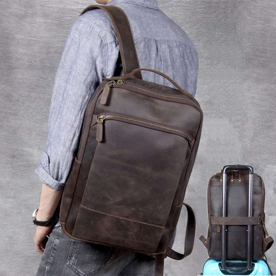 Vintage Crazy Horse Genuine Leather Backpack Men Computer backpack Hiking Bagpack Leather Rucksack Male outdoor knapsack