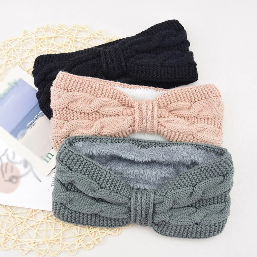 

Autumn Winter Thicken Knitting Woolen Wide Headband For Women Plush Lined Headwrap Turban Hairbands Keep Warm Female Ear Warmers