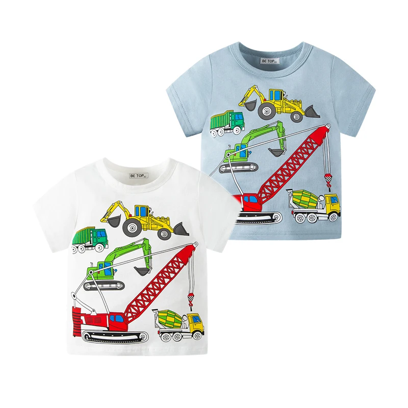 

27kids Summer Boys T-shirts Solid Color Knitting Cartoon Excavator Short Sleeve Cotton Casual Soft Breathable Clothes 2- 7years