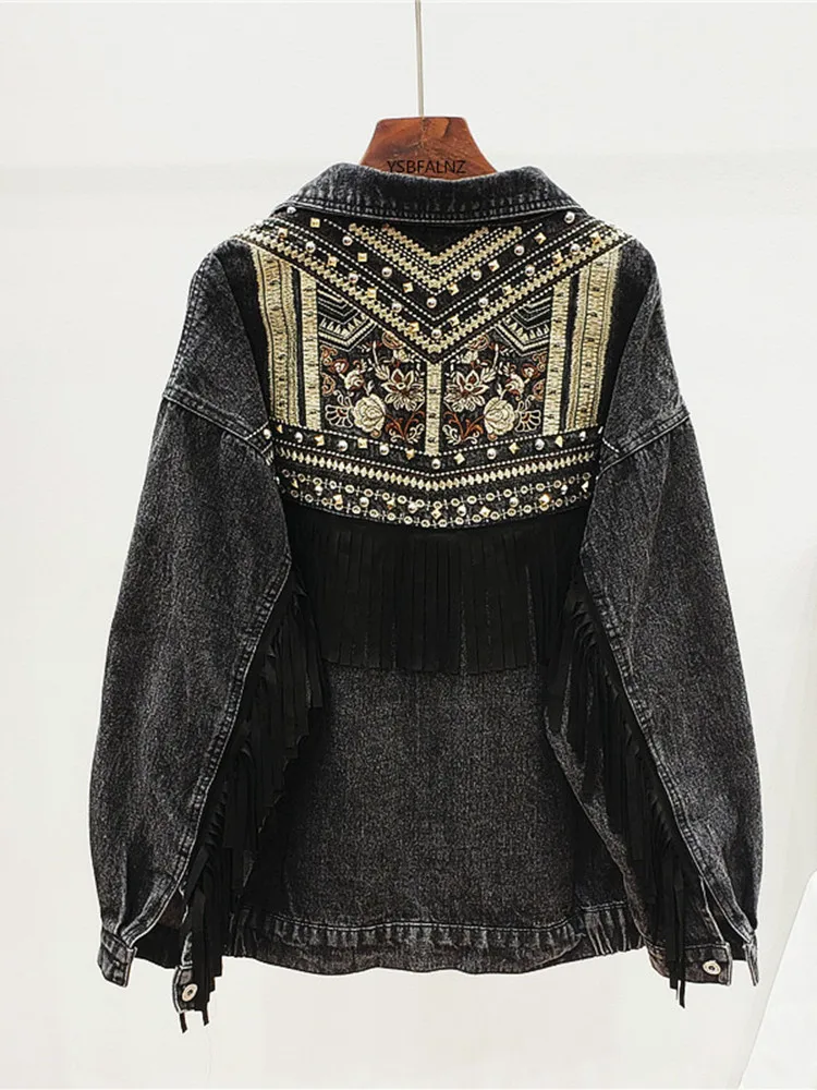

2022 Spring Autumn New Embroidered Tassel Denim Coat Top Korean Vintage Ethnic Style Loose Jacket Women