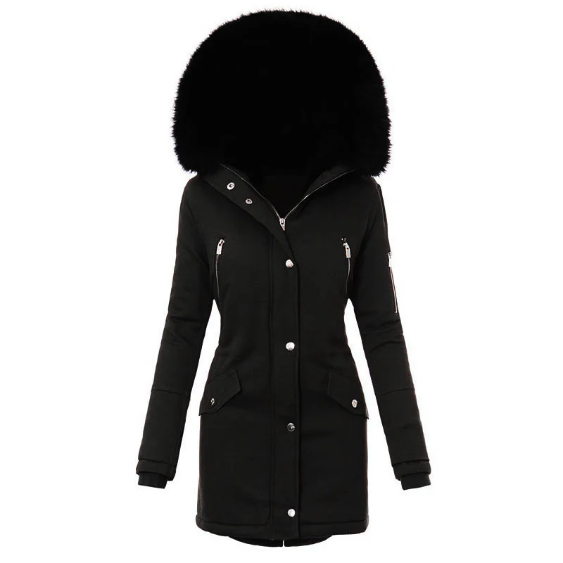 New winter hooded women's Thickened warm Medium length wool collar casual coat Women