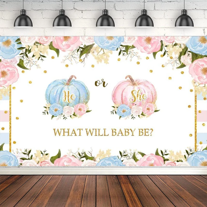 

Pumpkin He Or she Gender Reveal Photography Backdrop Floral Gold Dots Stripes Background Autumn What Will Baby Be Party Banner