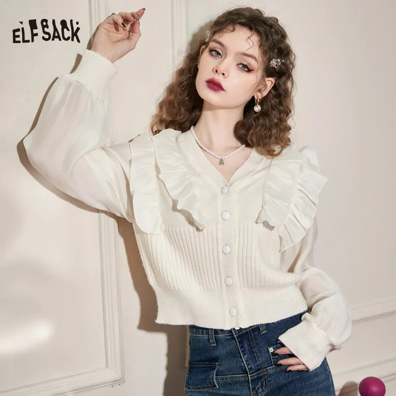 ELFSACK French Ruched Spliced Knitwears Women 2023 Spring Long Sleeve Slim Basic Tops