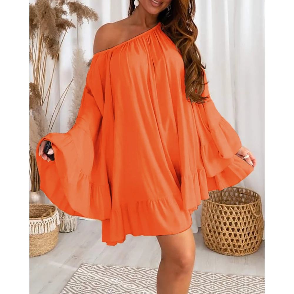 

Summer Women Fashion Oversize Slash Neck Solid Color Dresses Bell Sleeve Ruffle Hem Casual Loose Long Sleeve A Line Dress