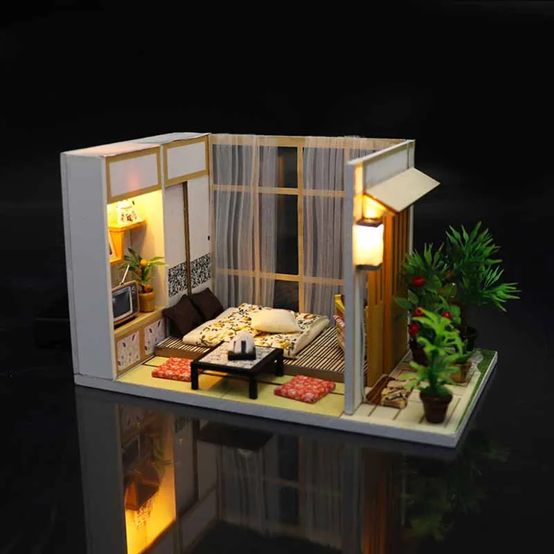 

DIY Wooden Doll House Japanese Architecture Casa Miniature Building Kits Dollhouse with Furniture Lights Toys for Girls Gifts