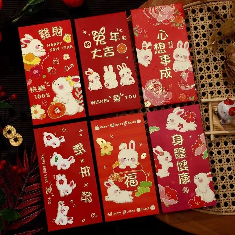 

6 шт., красные конверты с кроликом, 2023 красных пакетов
