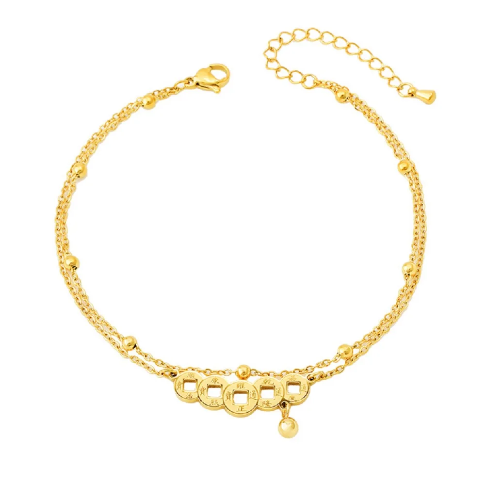 

Korean Style Double-Layer Set Chain Coin Pattern Pendant Anklet Temperament Fresh Retro Elegant Luxury Ladies Foot Accessories