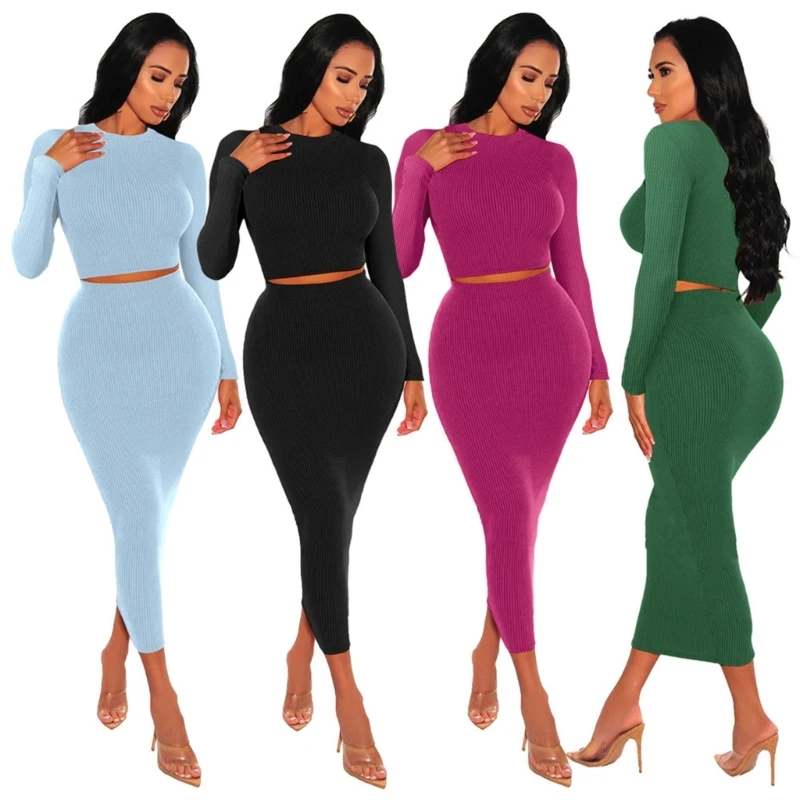 

Women's Fall 2 Piece Outfits Dress Set Casual Ribbed Knit Long Sleeve Crop Top and Maxi Bodycon Skirt Set Drop Shipping