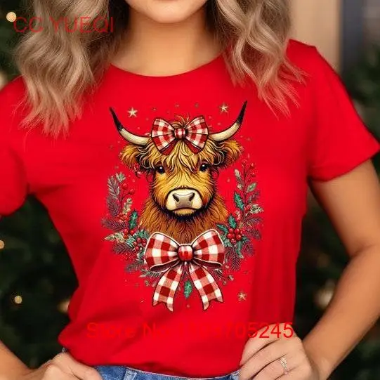 Рождественская футболка Highland Cow Wreathe Bella Canvas с круглым вырезом DTF 50038 длинные или