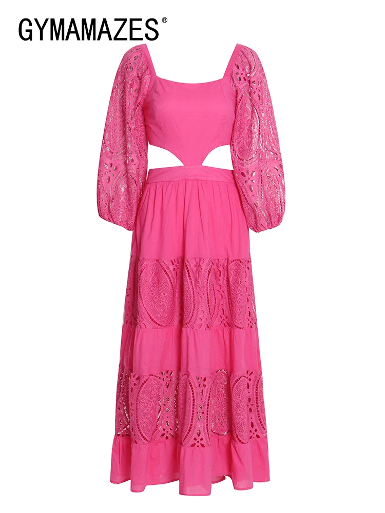 

GYMAMAZES Elegant Solid Dress For Women Square Collar Puff Long Sleeve High Waist Cut Out Midi Dresses Female Summer Clothes New