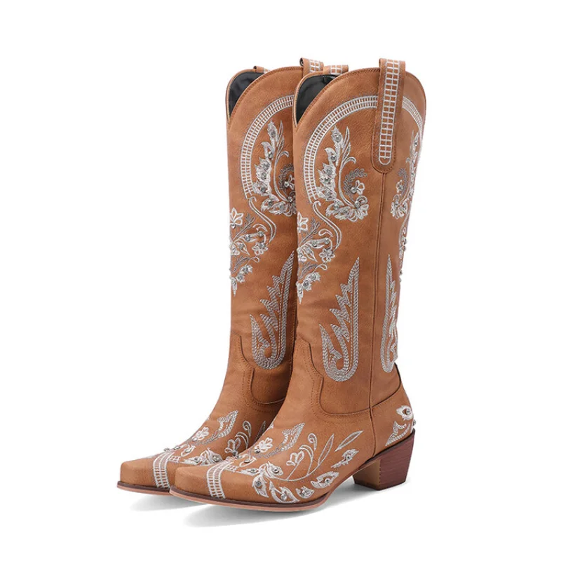 Embroidered Knight Boots Women's Thin Retro Sleeve Western Cowboy Boots V-cut Knight Boots Brown Mid-calf Doc Martens  A-0030