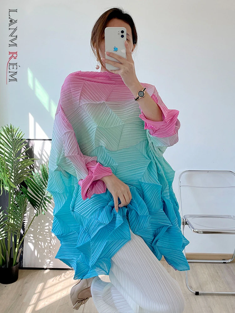 LANMREM плиссированные градиентные рубашки для женщин 2022 осень и лето новый цветной