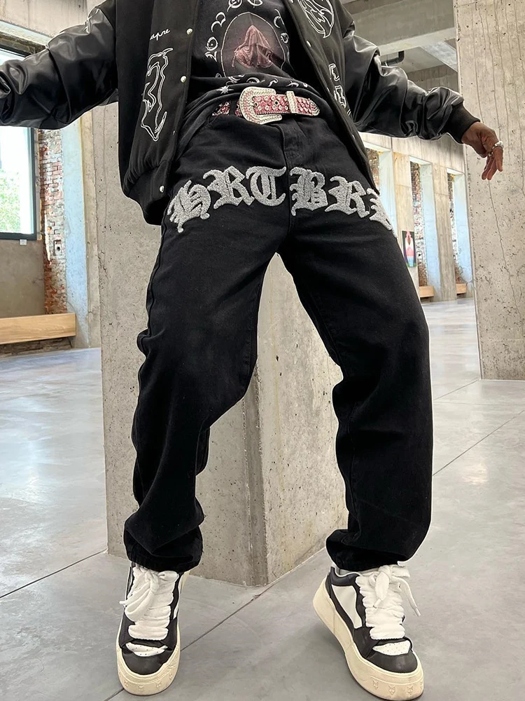 Black Vintage Jeans Men Latest Design Heart Character Patches Embroidered Casual Trousers Y2K Loose Straight Cotton Denim Pants